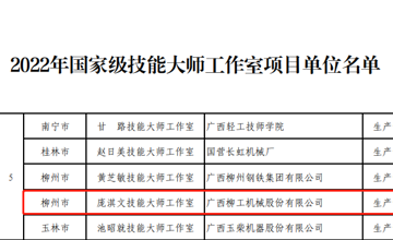 喜訊！柳工再添國(guó)家級(jí)技能大師工作室